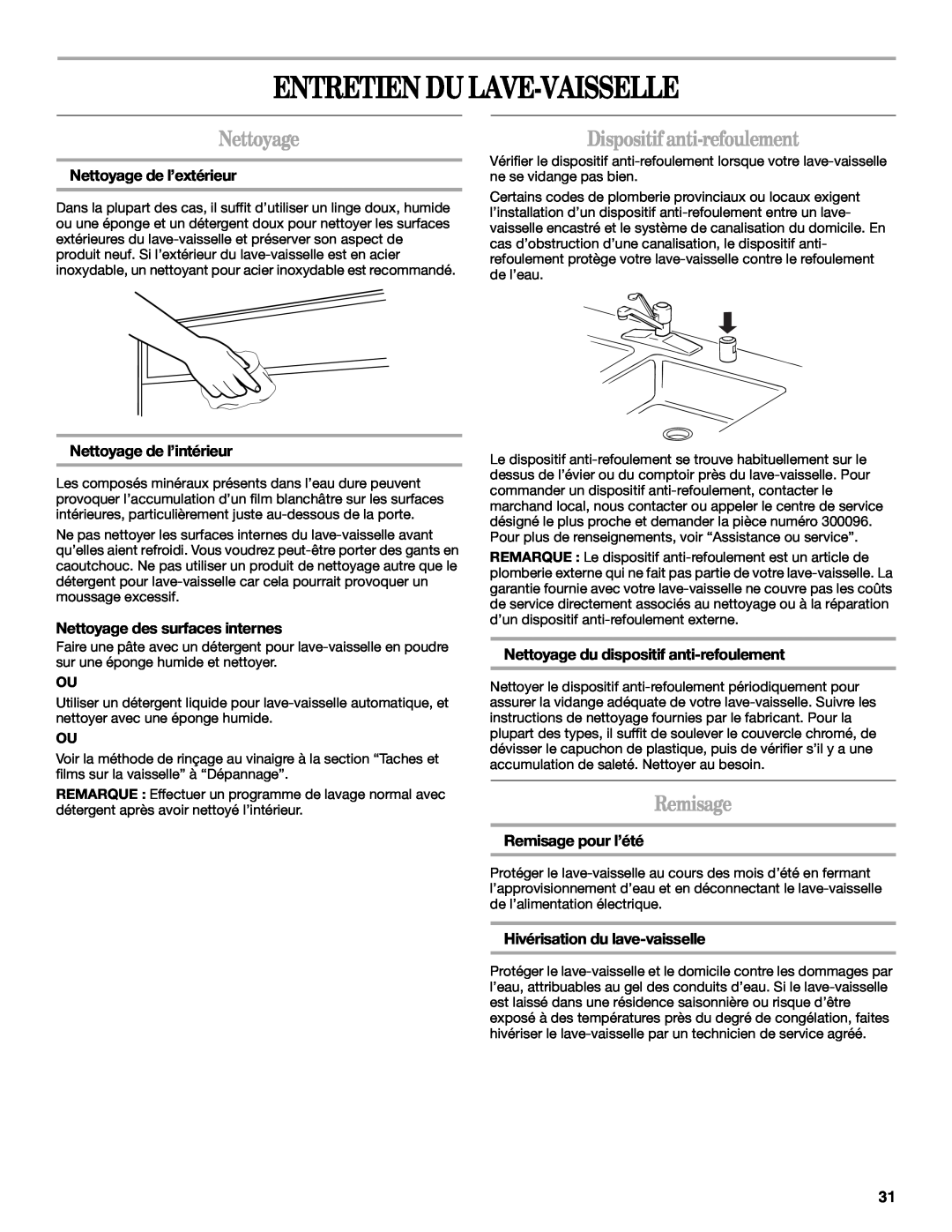 Whirlpool ISU5846 manual Entretien Du Lave-Vaisselle, Dispositif anti-refoulement, Remisage, Nettoyage de l’extérieur 