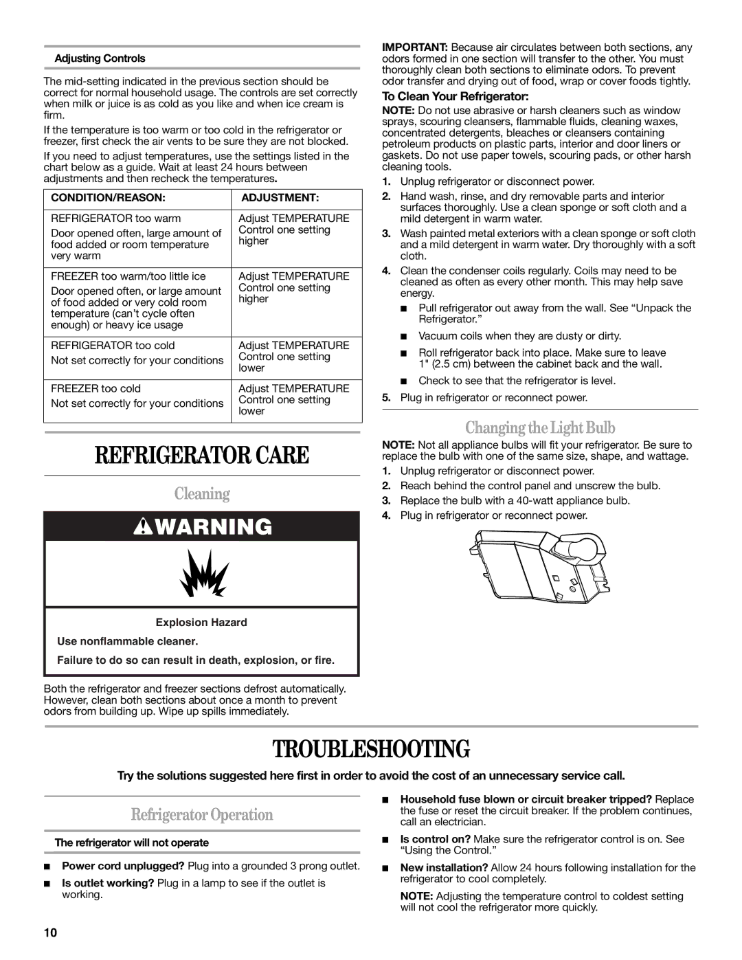 Whirlpool IT14DKXRQ00 warranty Refrigerator Care, Troubleshooting, ChangingtheLightBulb, Cleaning, RefrigeratorOperation 