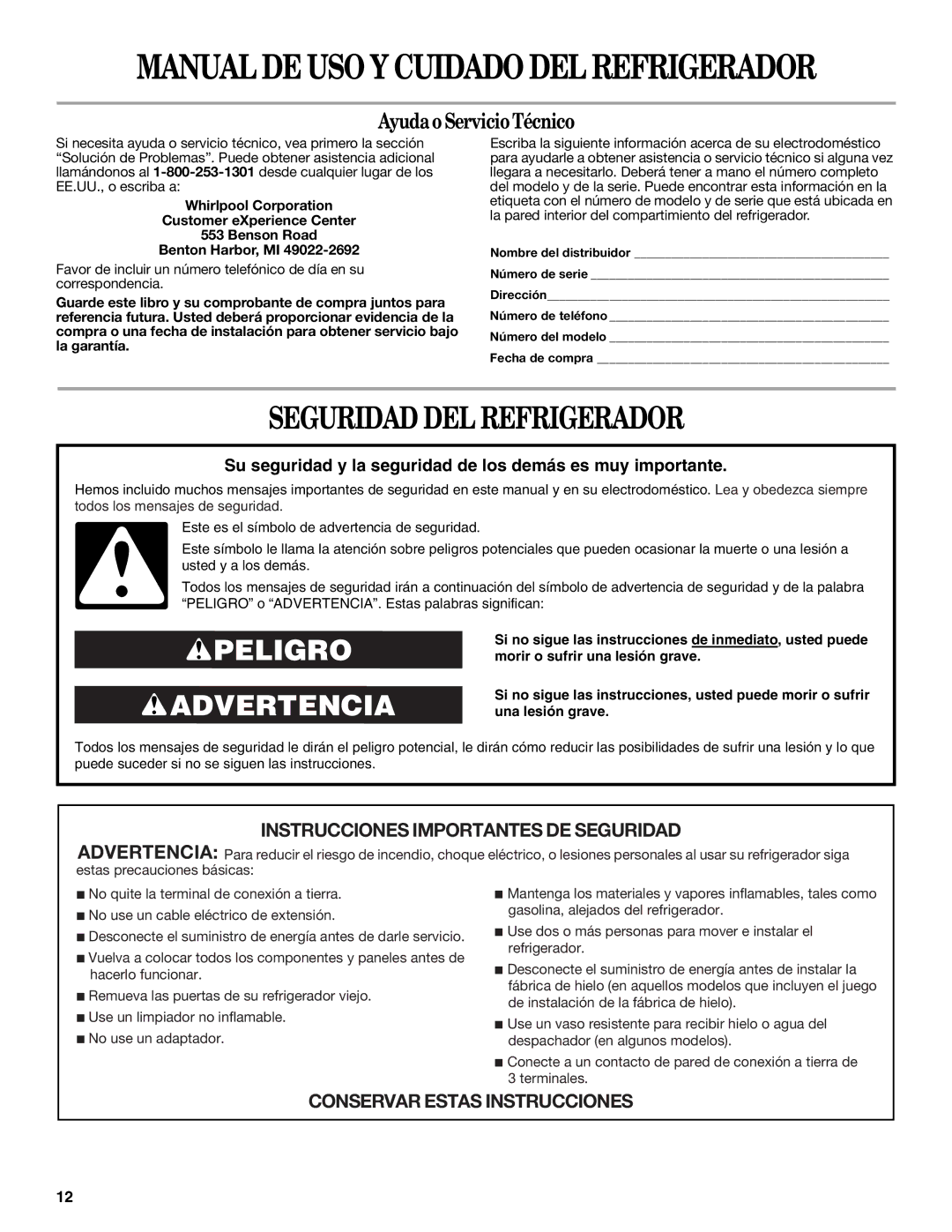 Whirlpool IT14DKXRQ00 warranty Manualde USO Y Cuidado DEL Refrigerador, Seguridad DEL Refrigerador 