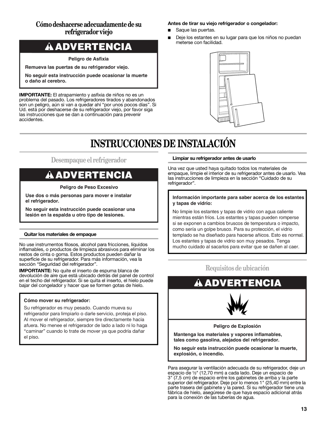 Whirlpool IT14DKXRQ00 warranty Instrucciones DE Instalación, Desempaqueelrefrigerador, Requisitos deubicación 