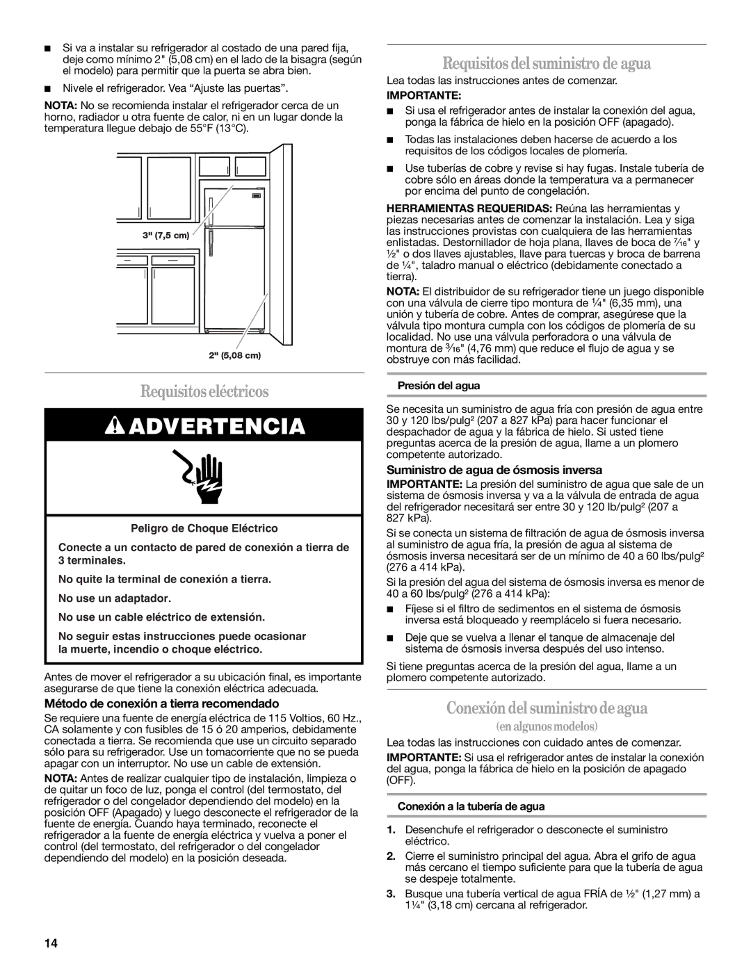 Whirlpool IT14DKXRQ00 warranty Requisitoseléctricos, Requisitosdelsuministro de agua, Conexión del suministrodeagua 