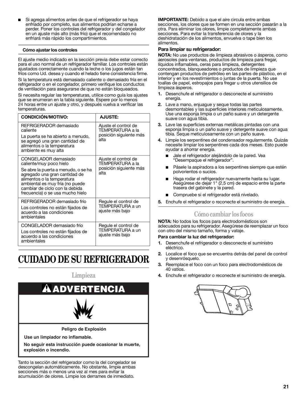 Whirlpool IT14DKXRQ00 warranty Limpieza, Cómocambiarlosfocos, Para limpiar su refrigerador, CONDICIÓN/MOTIVO Ajuste 