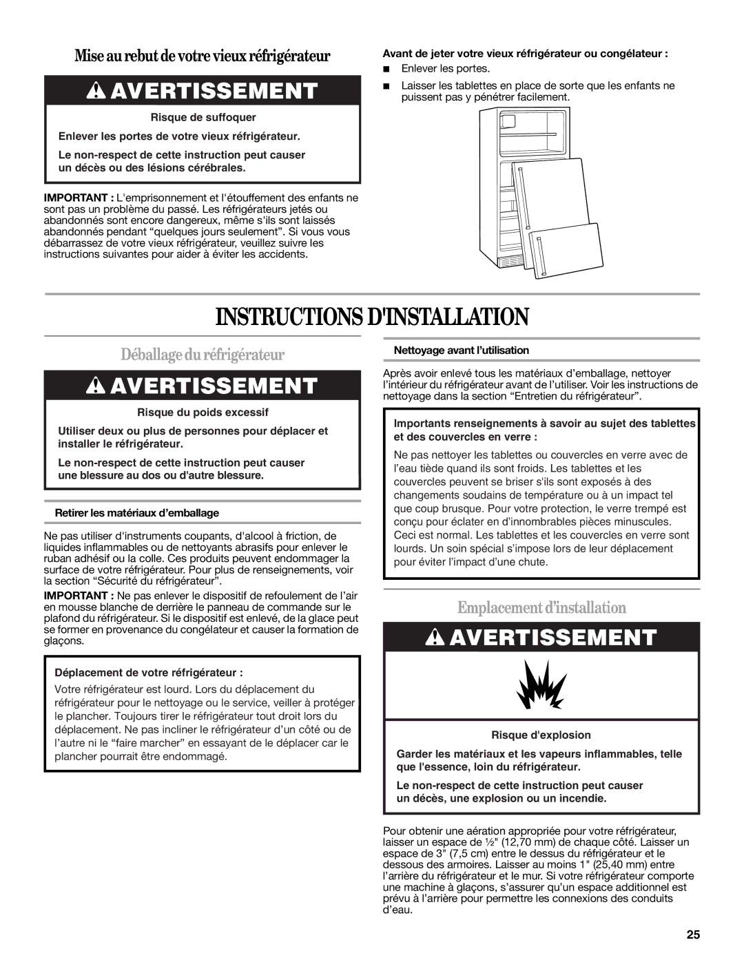 Whirlpool IT14DKXRQ00 warranty Instructions Dinstallation, Déballagedu réfrigérateur, Emplacementd’installation 