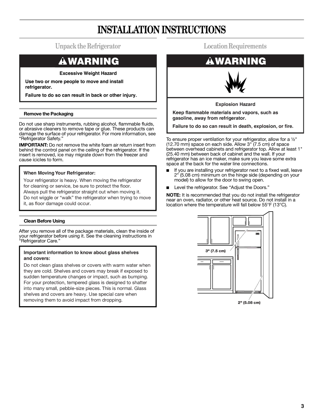 Whirlpool IT14DKXRQ00 warranty Installation Instructions, UnpacktheRefrigerator, LocationRequirements, Clean Before Using 