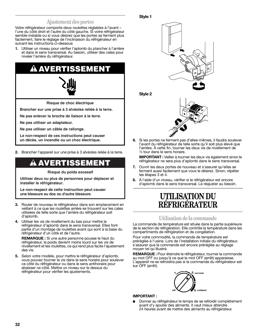 Whirlpool IT14DKXRQ00 warranty Utilisation DU Réfrigérateur, Ajustementdesportes, Utilisationdelacommande 