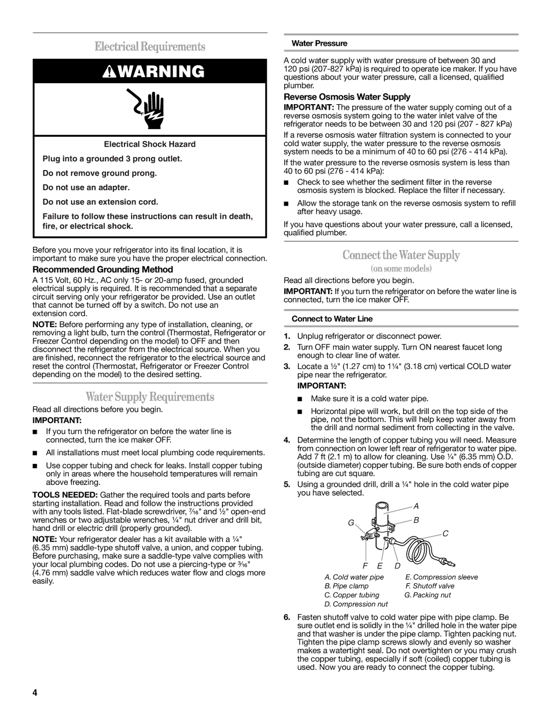 Whirlpool IT14DKXRQ00 warranty Electrical Requirements, Water Supply Requirements, ConnecttheWaterSupply 