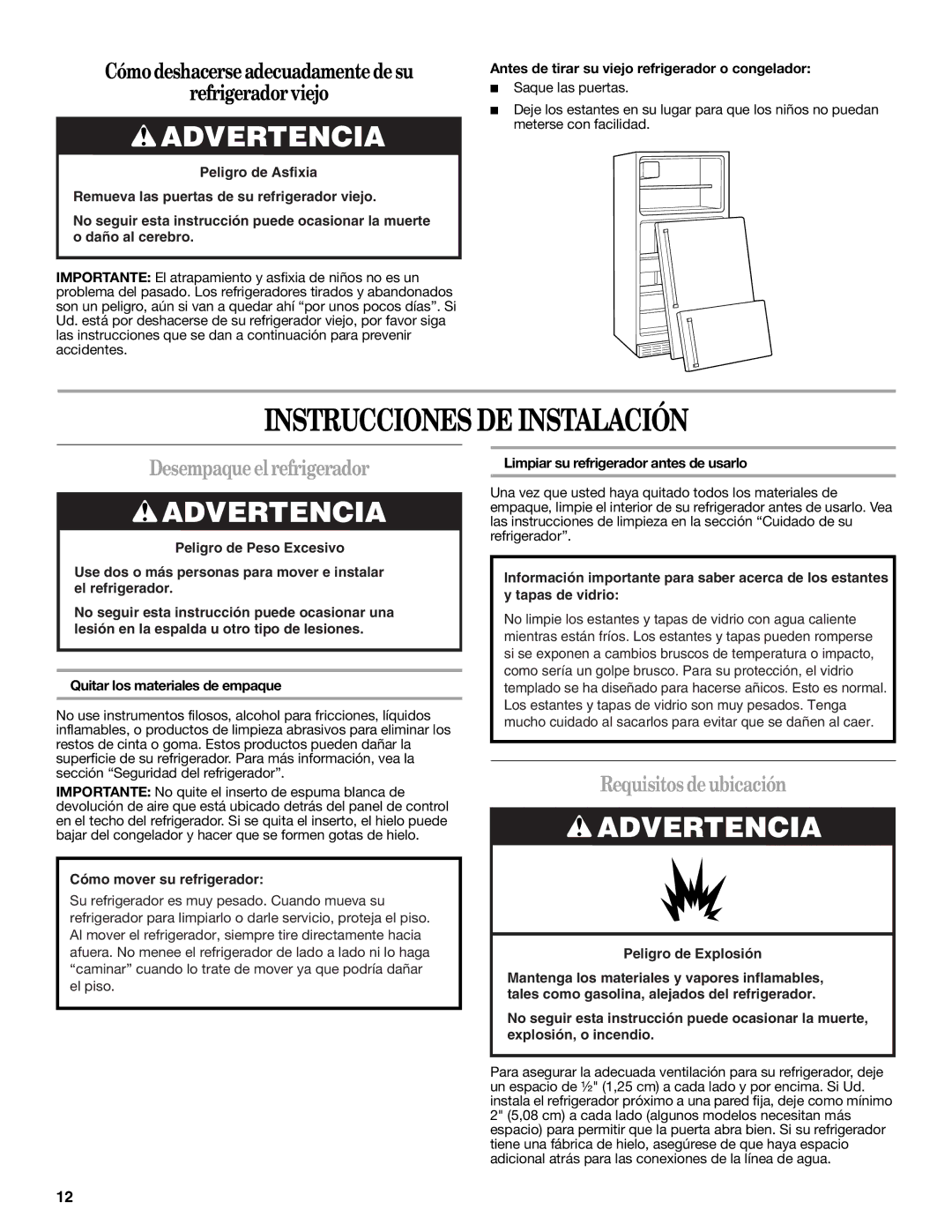 Whirlpool IT21AMXRQ00 warranty Instrucciones DE Instalación, Desempaqueelrefrigerador, Requisitos deubicación 