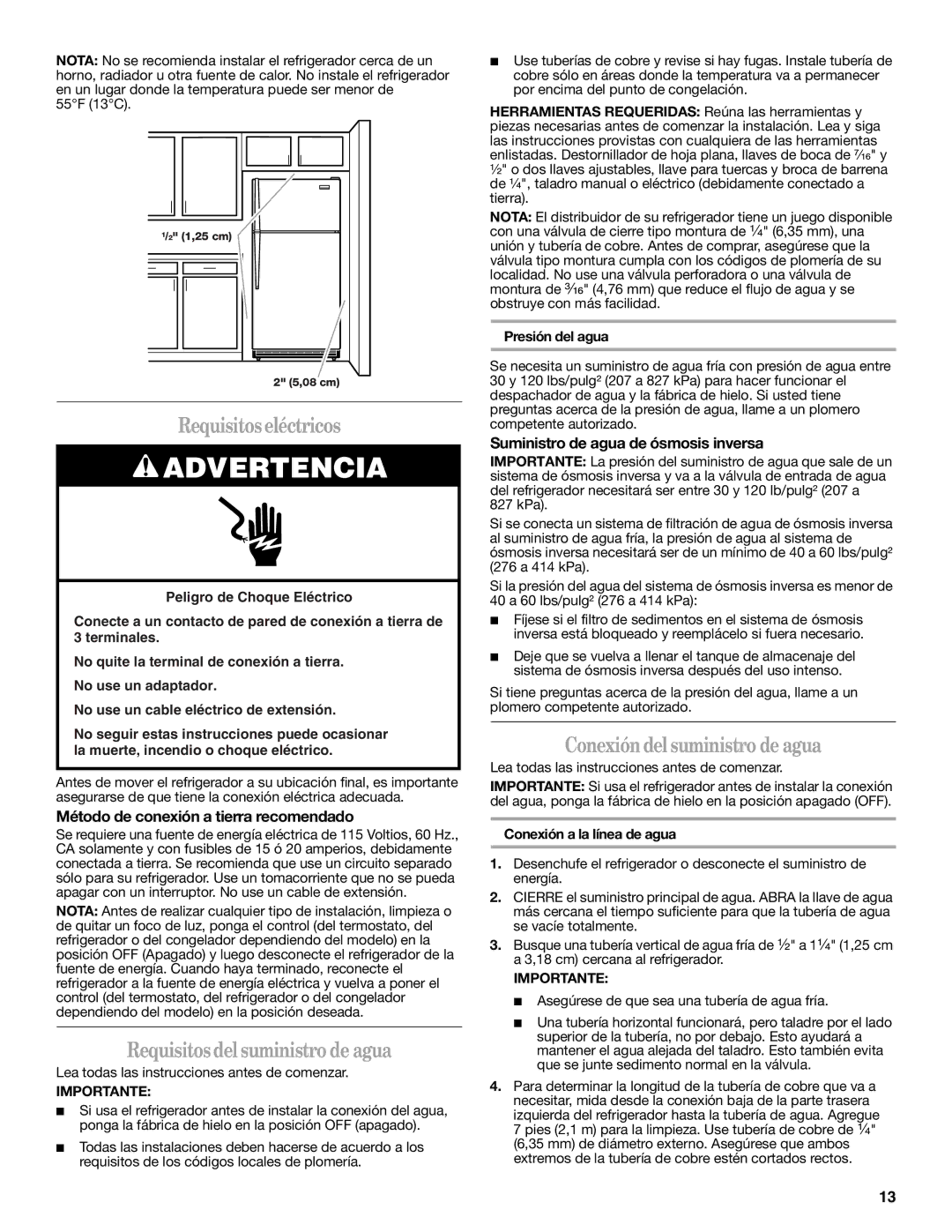 Whirlpool IT21AMXRQ00 warranty Requisitoseléctricos, Requisitosdel suministro de agua, Conexión delsuministro de agua 