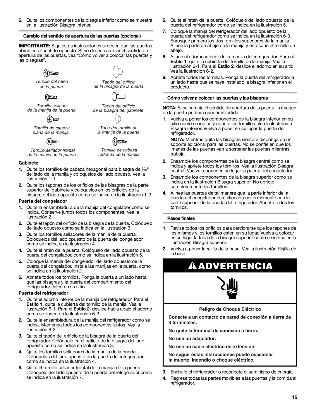 Whirlpool IT21AMXRQ00 warranty Cambio del sentido de apertura de las puertas opcional, Gabinete, Puerta del congelador 