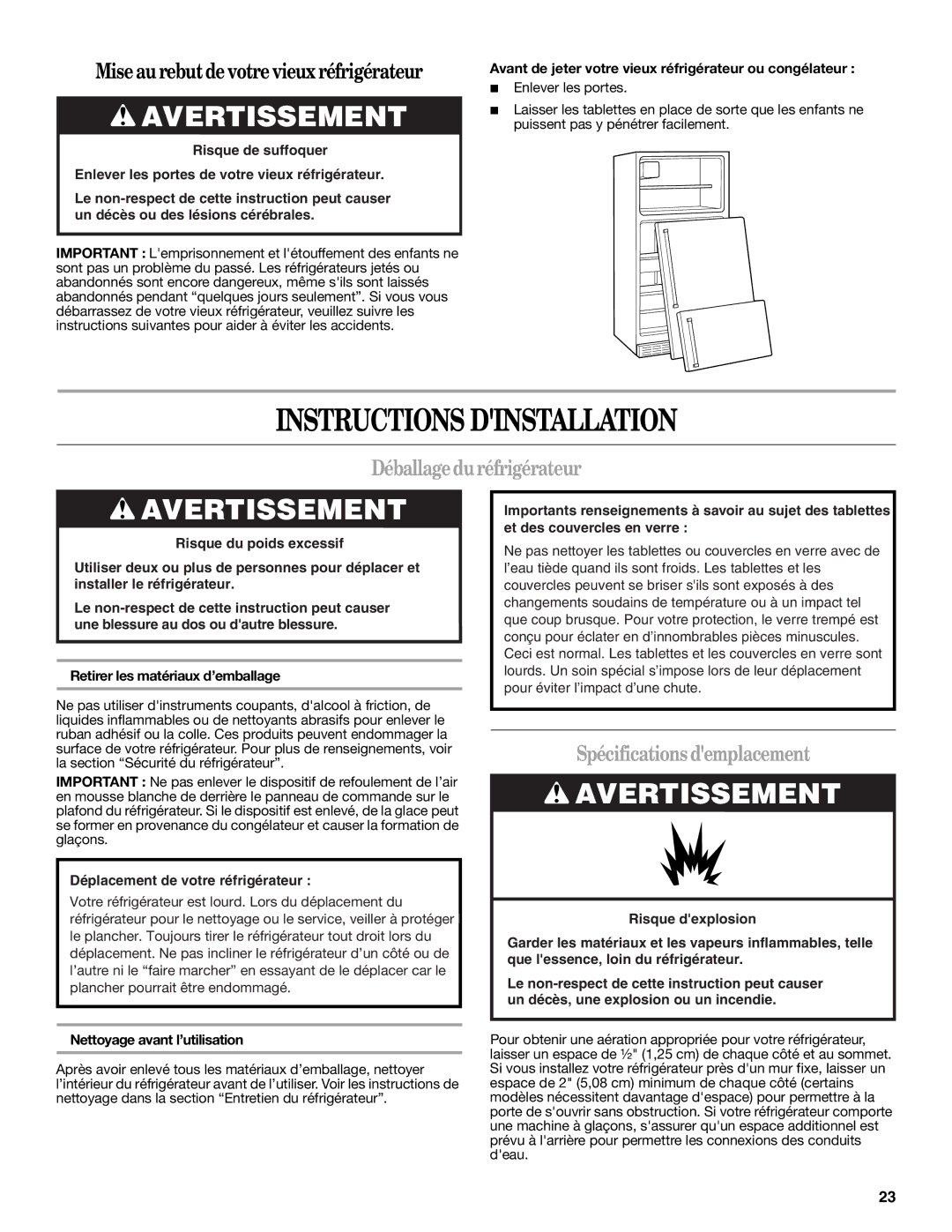 Whirlpool IT21AMXRQ00 warranty Instructions Dinstallation, Déballageduréfrigérateur, Spécificationsdemplacement 