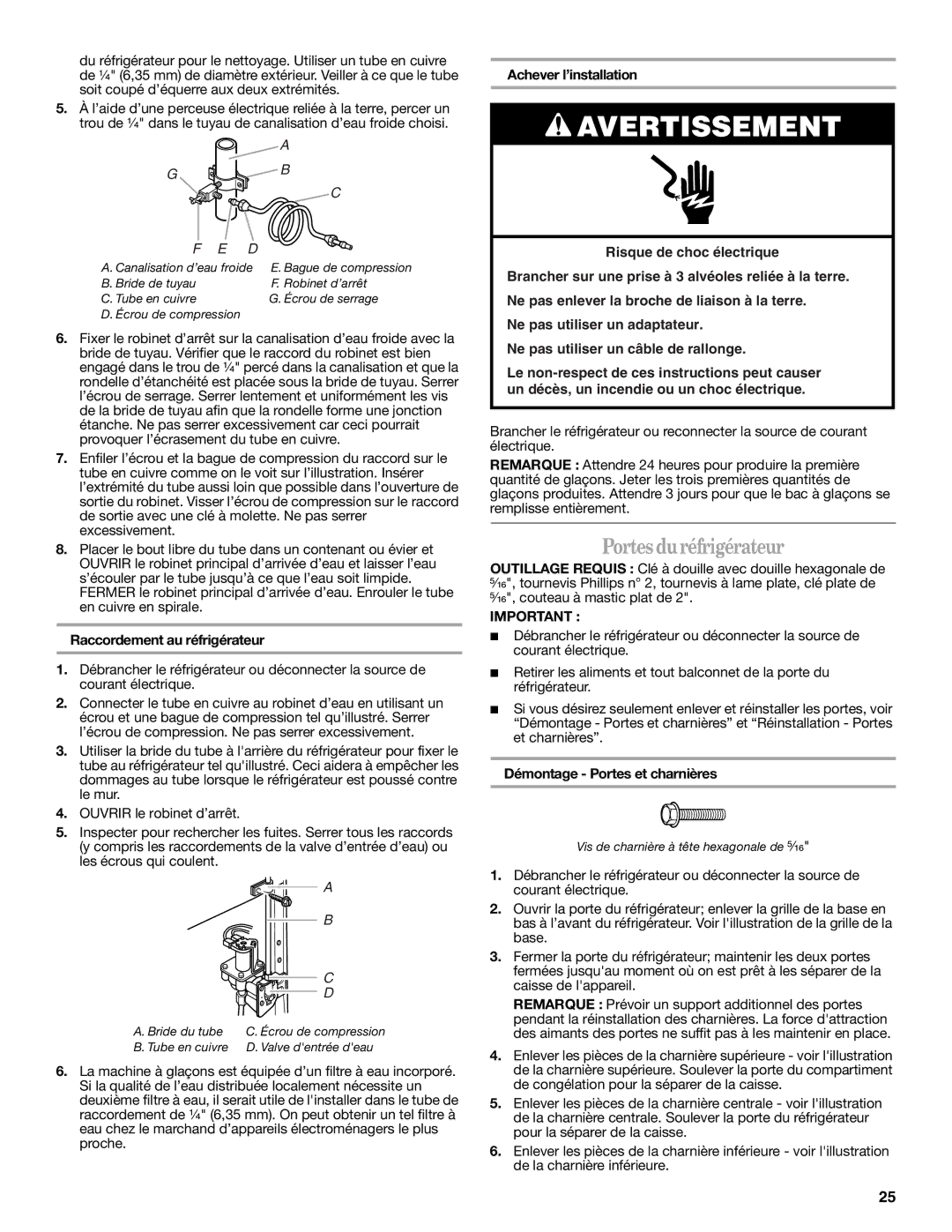 Whirlpool IT21AMXRQ00 warranty Portes duréfrigérateur, Raccordement au réfrigérateur, Achever l’installation 