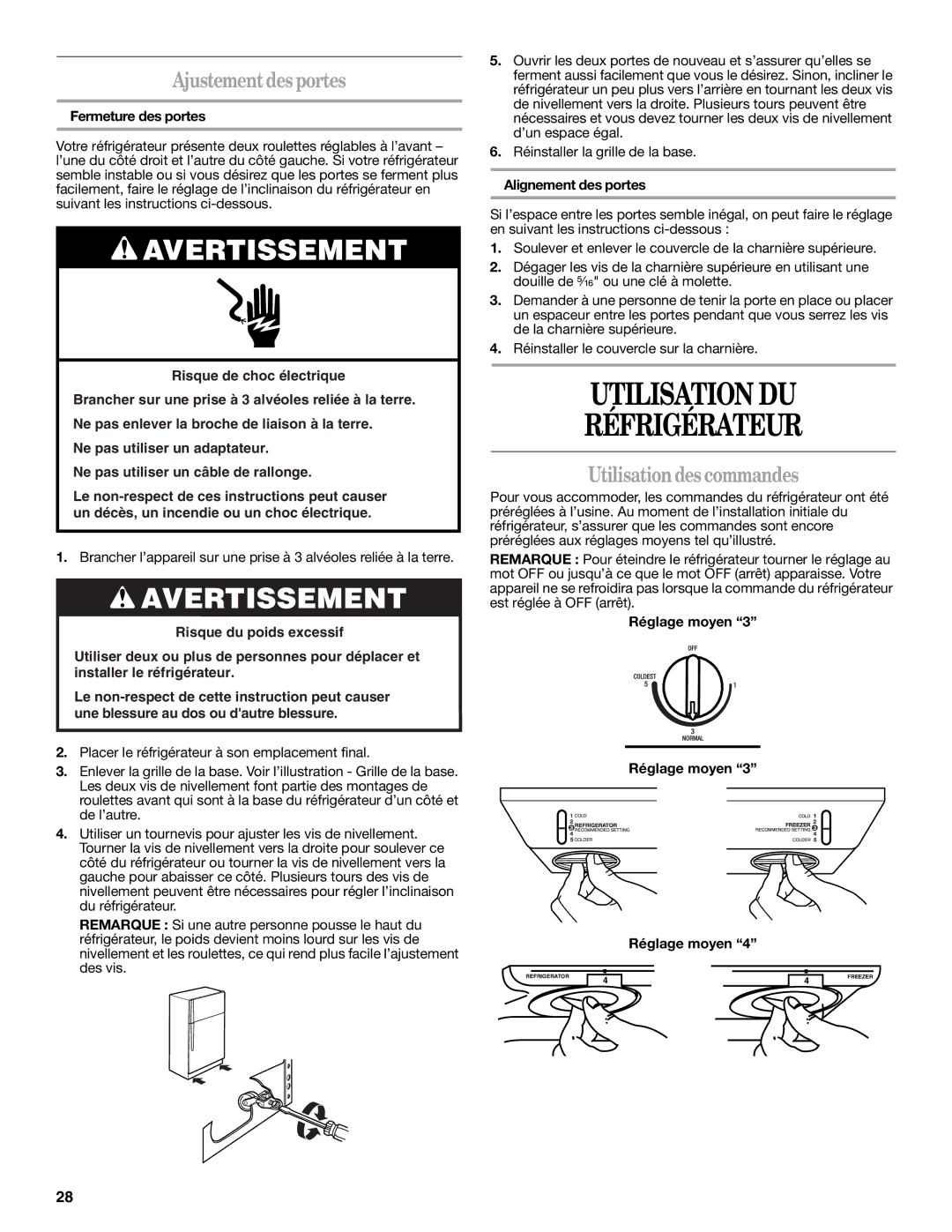 Whirlpool IT21AMXRQ00 warranty Utilisation DU Réfrigérateur, Ajustementdesportes, Utilisationdes commandes 