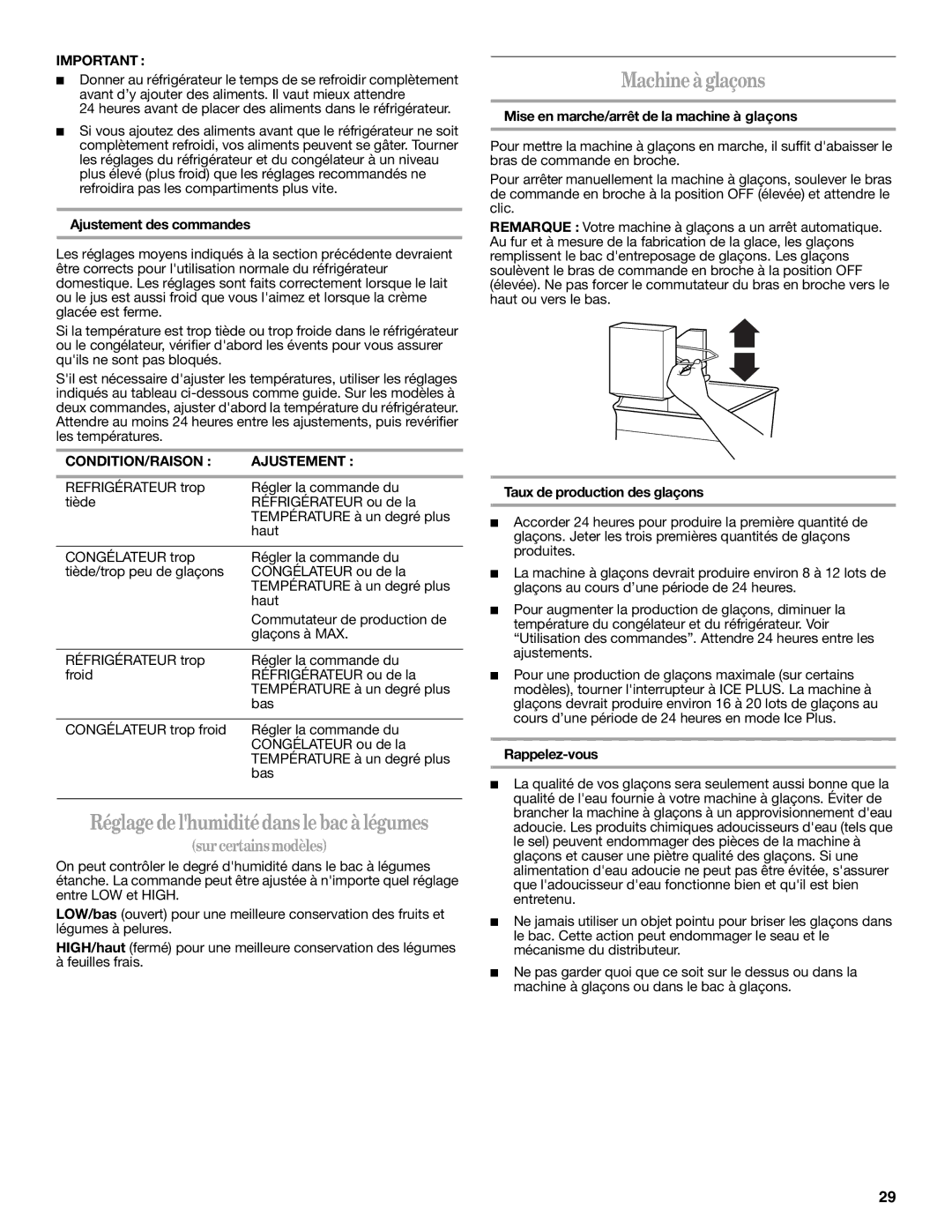 Whirlpool IT21AMXRQ00 warranty Réglagedelhumiditédans lebacà légumes, Machineàglaçons, CONDITION/RAISON Ajustement 