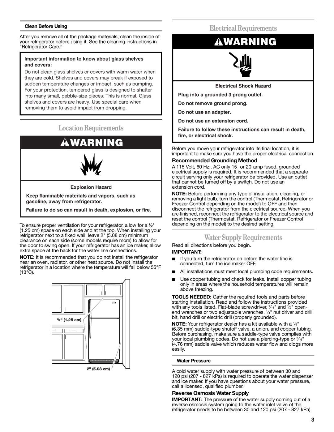 Whirlpool IT21AMXRQ00 warranty LocationRequirements, Electrical Requirements, Water Supply Requirements 