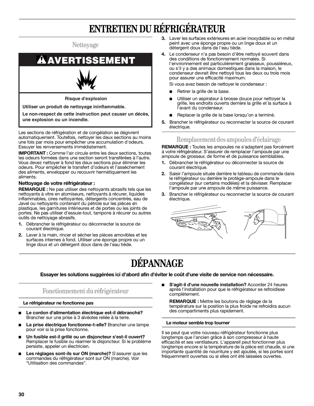 Whirlpool IT21AMXRQ00 warranty Entretien DU Réfrigérateur, Dépannage, Nettoyage, Remplacementdes ampoules d’éclairage 