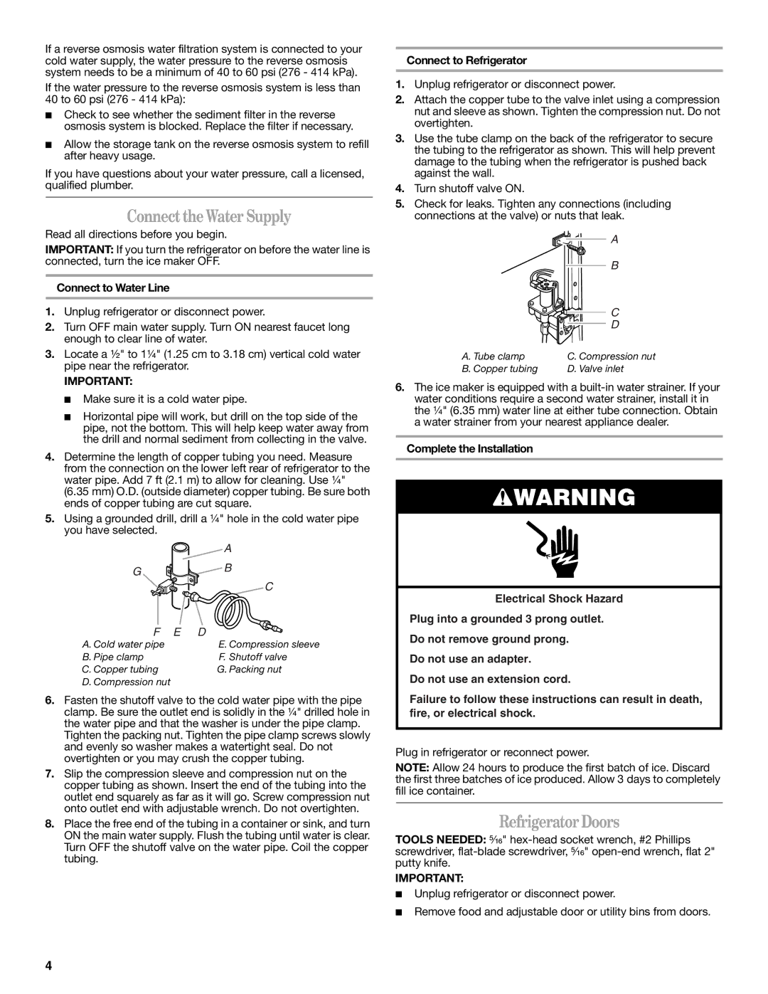 Whirlpool IT21AMXRQ00 warranty ConnecttheWater Supply, RefrigeratorDoors, Connect to Water Line, Connect to Refrigerator 