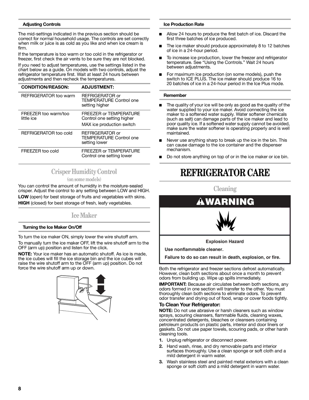 Whirlpool IT21AMXRQ00 warranty Refrigerator Care, CrisperHumidityControl, IceMaker, Cleaning, To Clean Your Refrigerator 