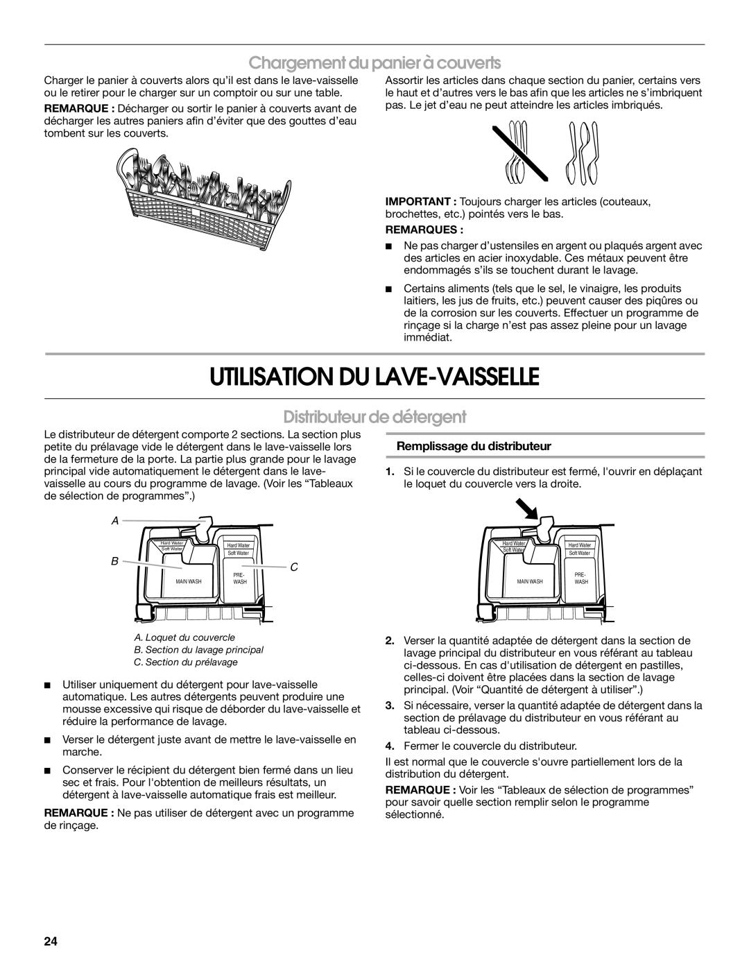 Whirlpool IUD8000R manual Utilisation Du Lave-Vaisselle, Chargement du panier à couverts, Distributeur de détergent 