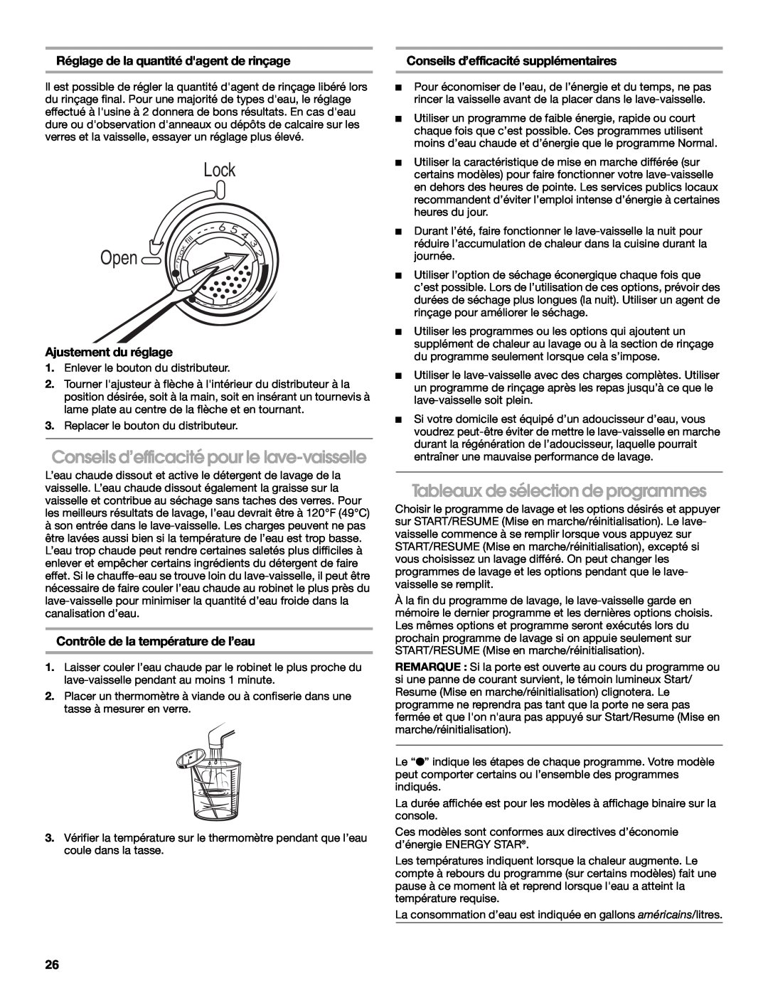 Whirlpool IUD8000R manual Conseils d’efficacité pour le lave-vaisselle, Tableaux de sélection de programmes, fill, Open 