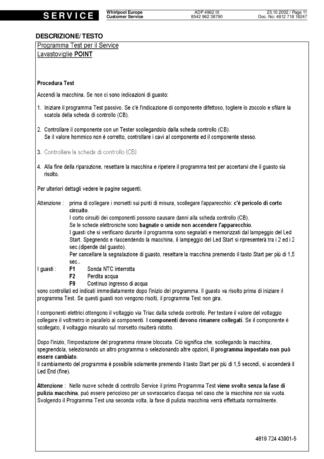 Whirlpool 4962, IX service manual Descrizione/Testo 