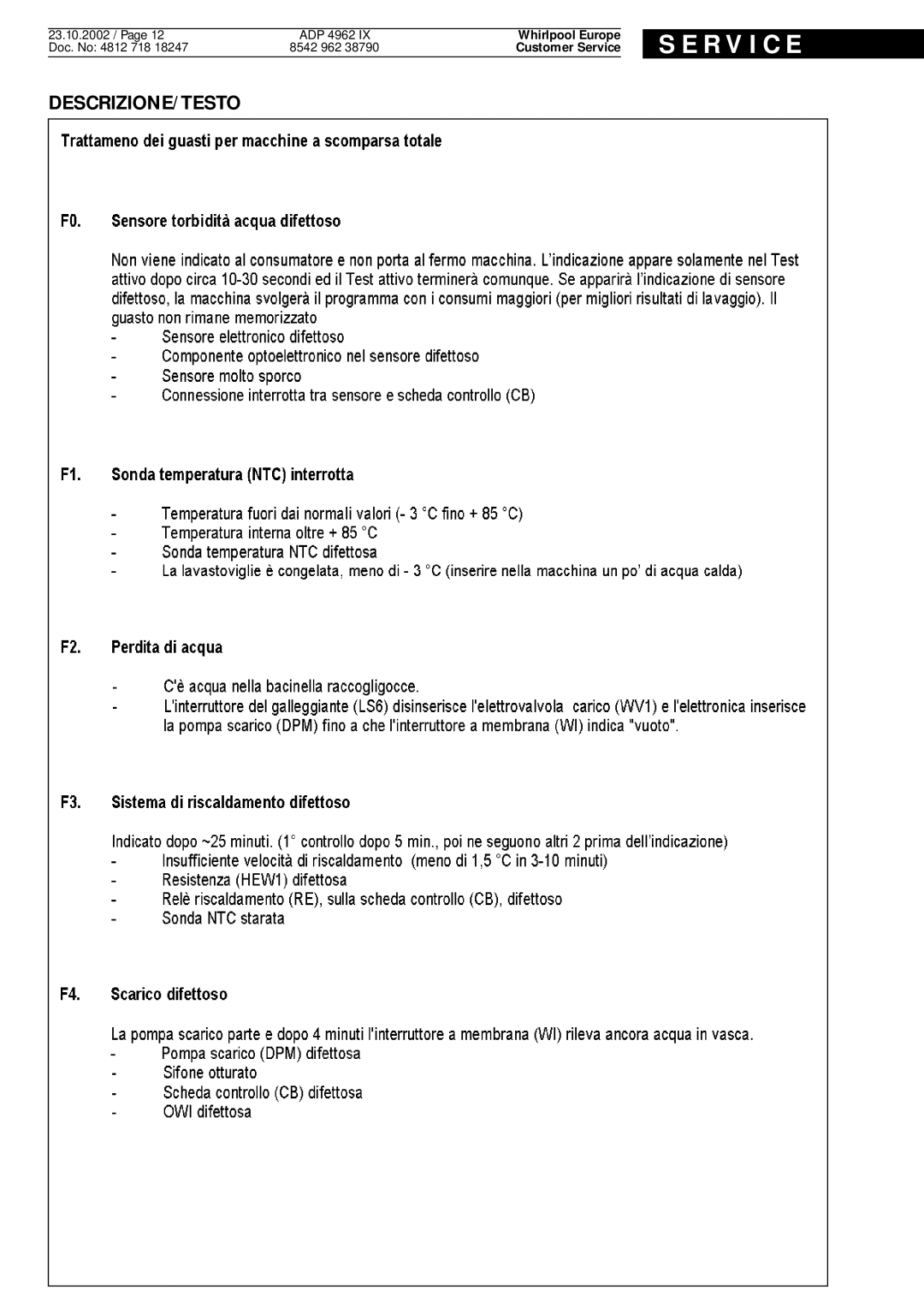 Whirlpool IX, 4962 service manual R V I C E 