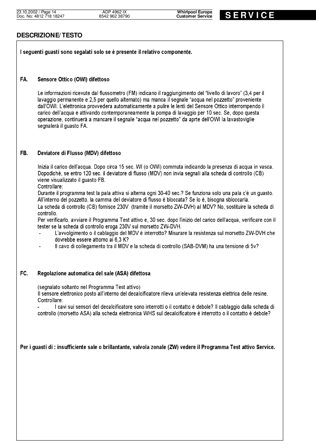 Whirlpool IX, 4962 service manual R V I C E 