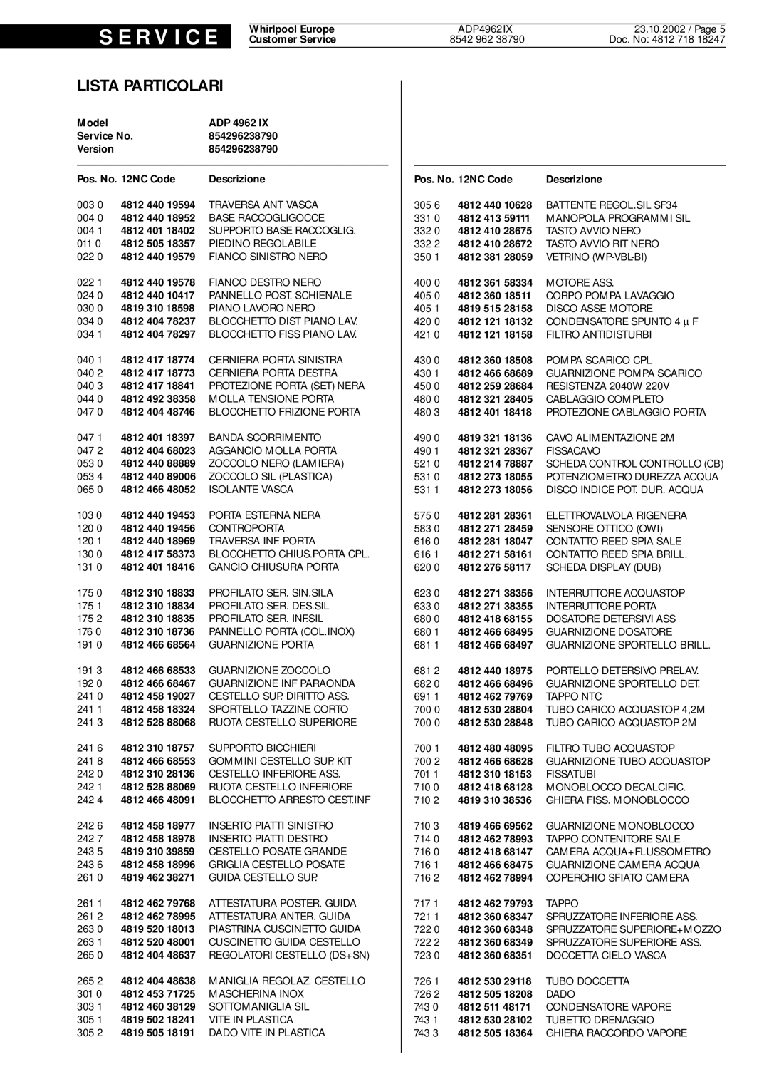 Whirlpool 4962, IX service manual Lista Particolari, S E R V I C E 