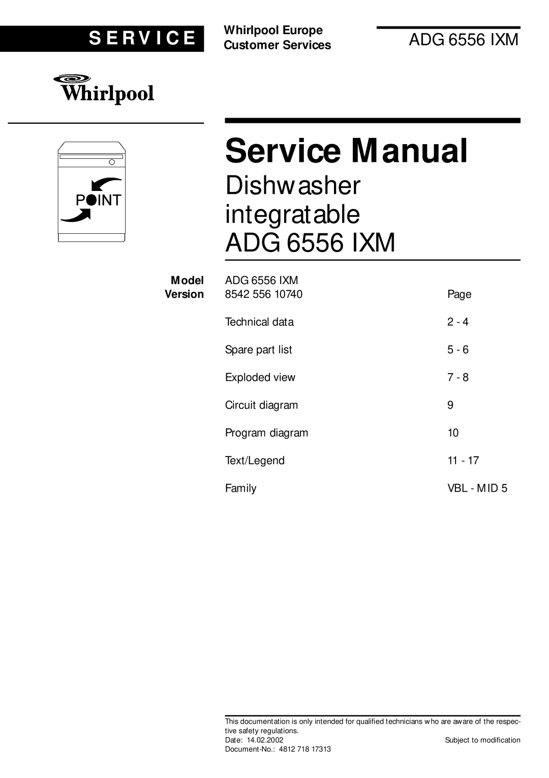 Whirlpool service manual Model, Dishwasher integratable ADG 6556 IXM, S E R V I C E, Whirlpool Europe 