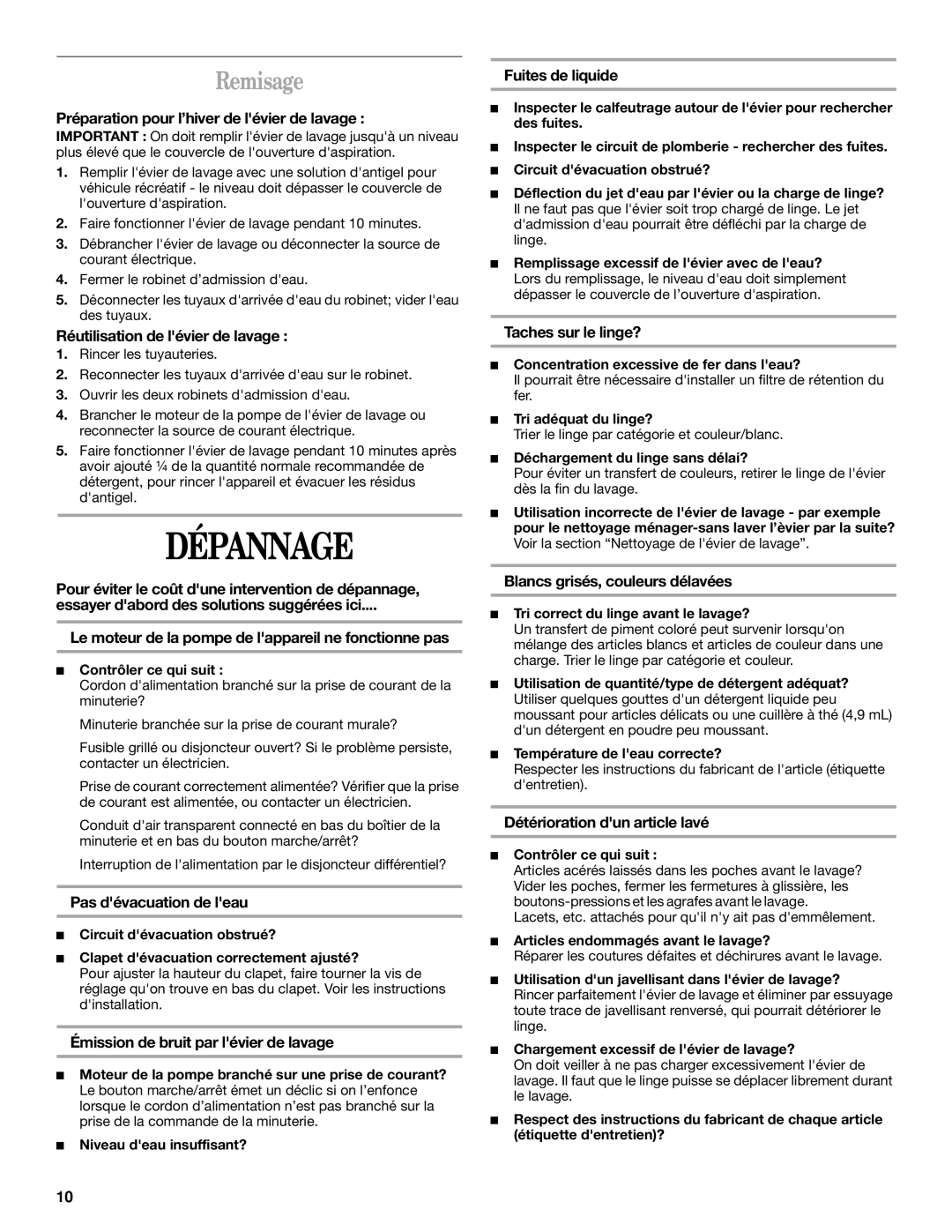 Whirlpool JETTED SINK manual Dépannage, Remisage 