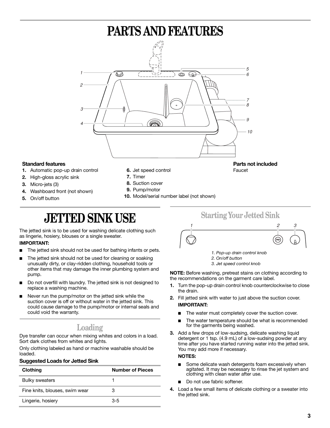 Whirlpool JETTED SINK manual Parts and Features, Jetted Sink USE, Loading, Starting Your Jetted Sink 