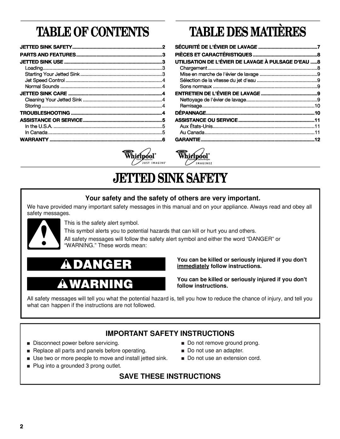 Whirlpool JETTED SINK manual Jetted Sink Safety, Table Of Contents, Important Safety Instructions, Save These Instructions 