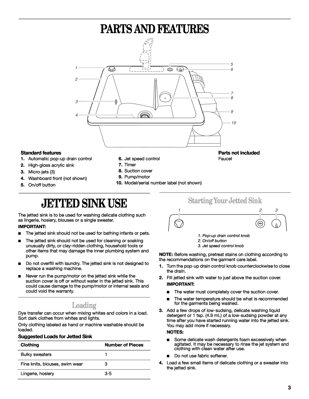 Whirlpool JETTED SINK manual Parts And Features, Jetted Sink Use, Loading, Starting Your Jetted Sink, Standard features 