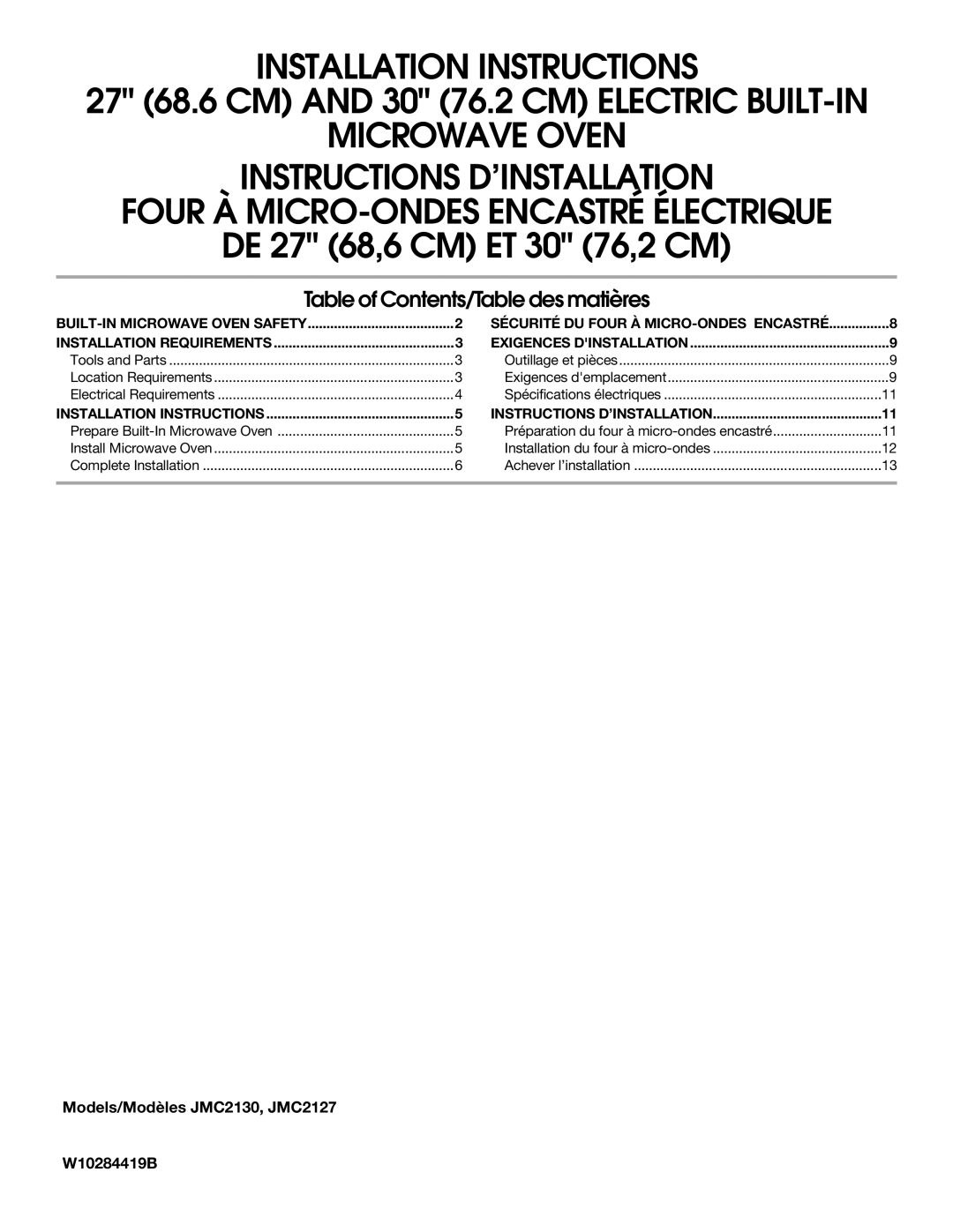 Whirlpool JMC2127, JMC2130 installation instructions Installation Instructions 