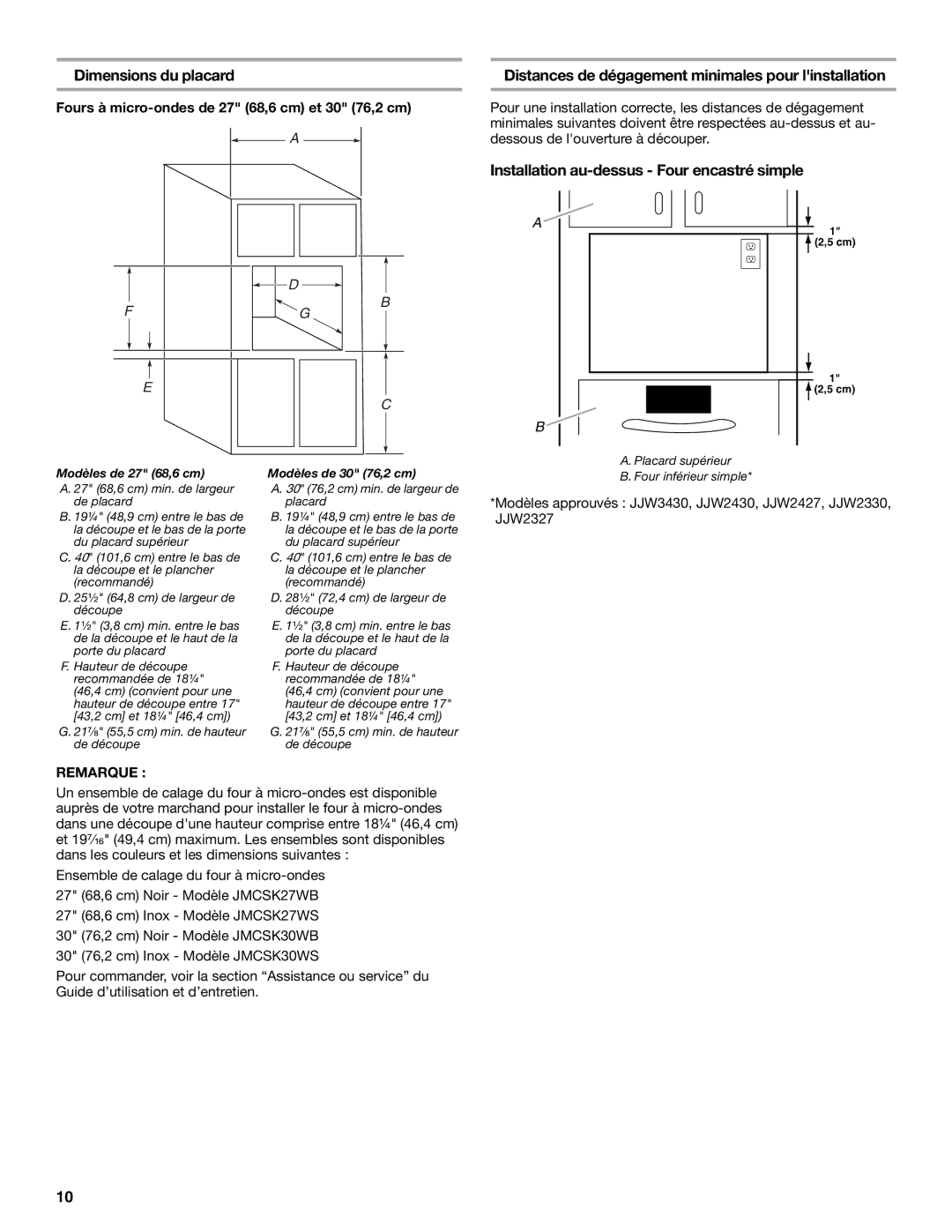 Whirlpool JMC2130, JMC2127 Dimensions du placard, Distances de dégagement minimales pour linstallation 