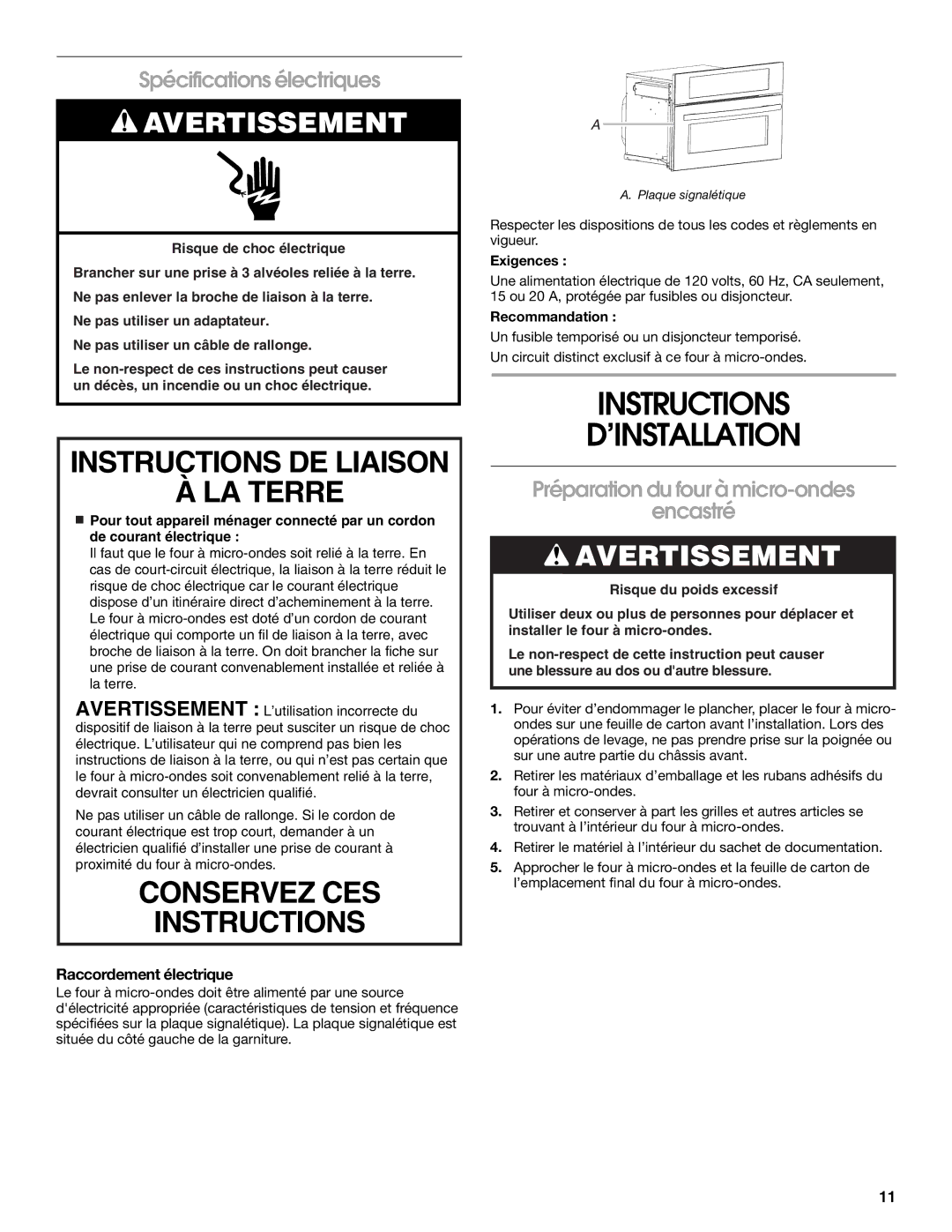 Whirlpool JMC2127 Instructions ’INSTALLATION, Spécifications électriques, Préparation du four à micro-ondes Encastré 