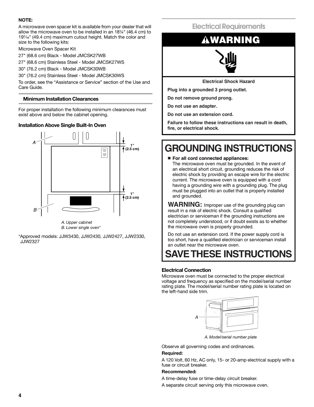 Whirlpool JMC2130 Electrical Requirements, Minimum Installation Clearances, Installation Above Single Built-In Oven 