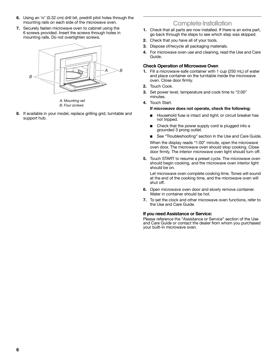 Whirlpool JMC2130, JMC2127 Complete Installation, Check Operation of Microwave Oven, If you need Assistance or Service 