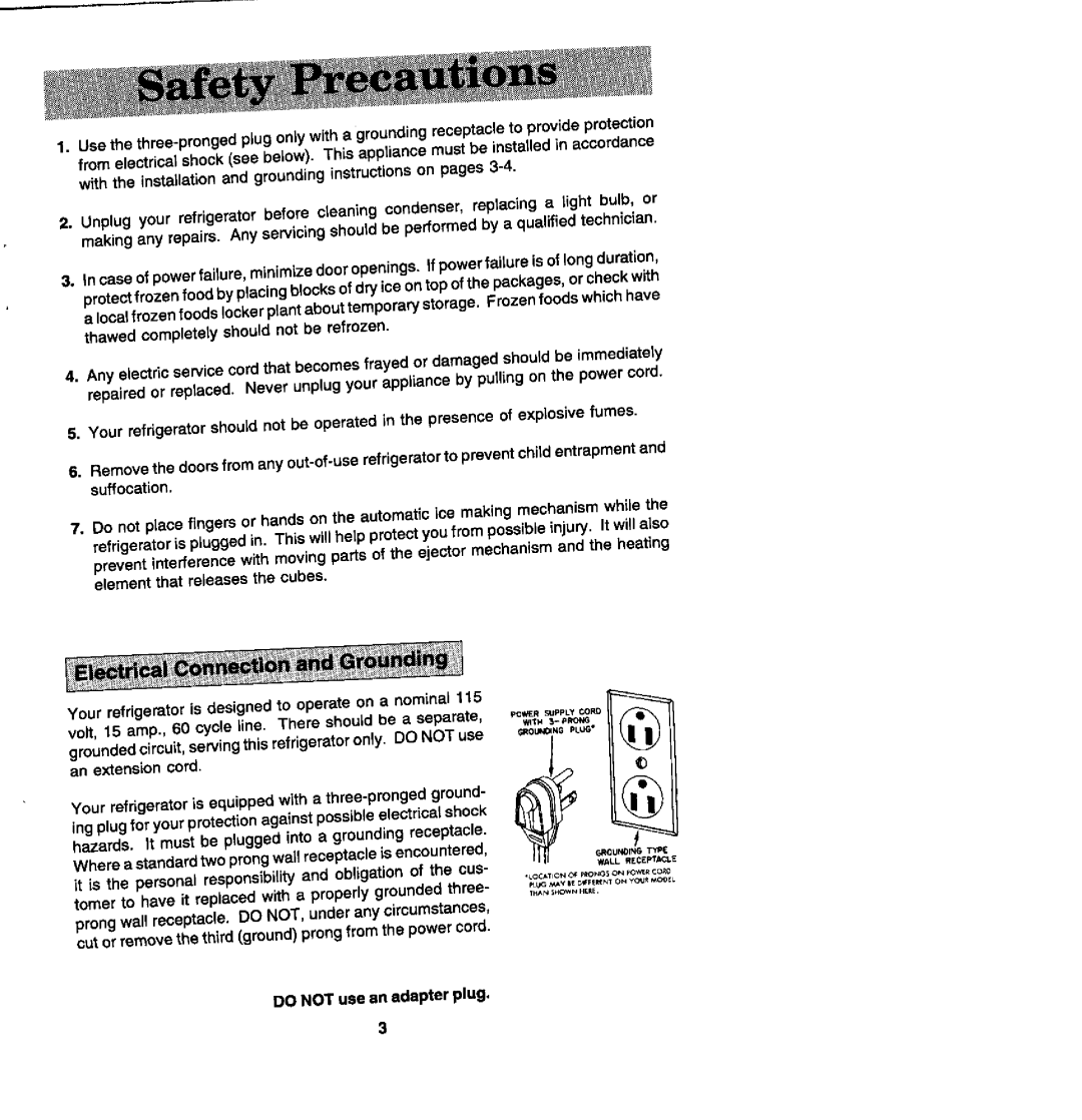 Whirlpool JRSD209A manual Do not use an adapter plug 