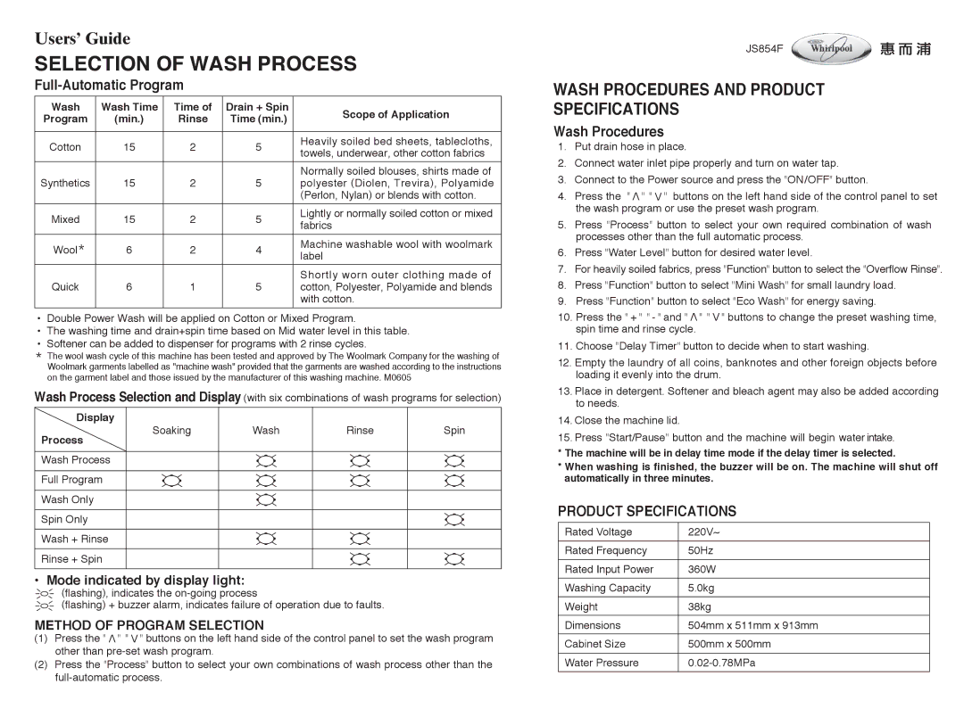 Whirlpool JS854F specifications Wash Procedures and Product Specifications, Full-Automatic Program 