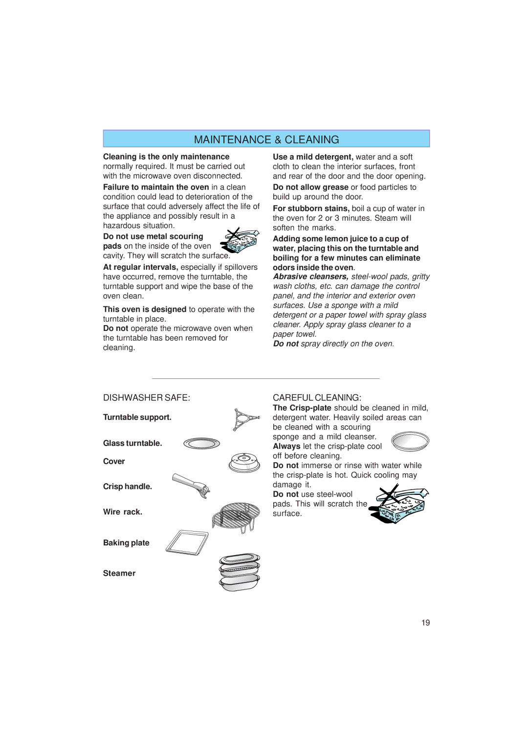 Whirlpool JT 359 manual Maintenance & Cleaning, Careful Cleaning 