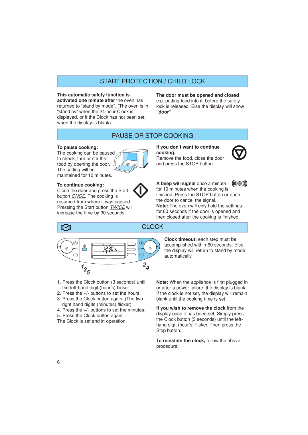 Whirlpool JT 359 manual Start Protection / Child Lock, Pause or Stop Cooking, Clock, To pause cooking 