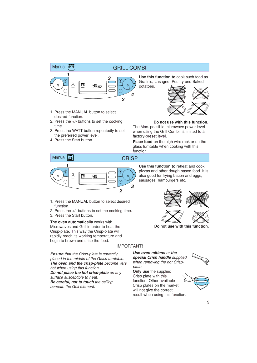 Whirlpool JT 359 manual Grill Combi, Crisp, Use this function to reheat and cook 