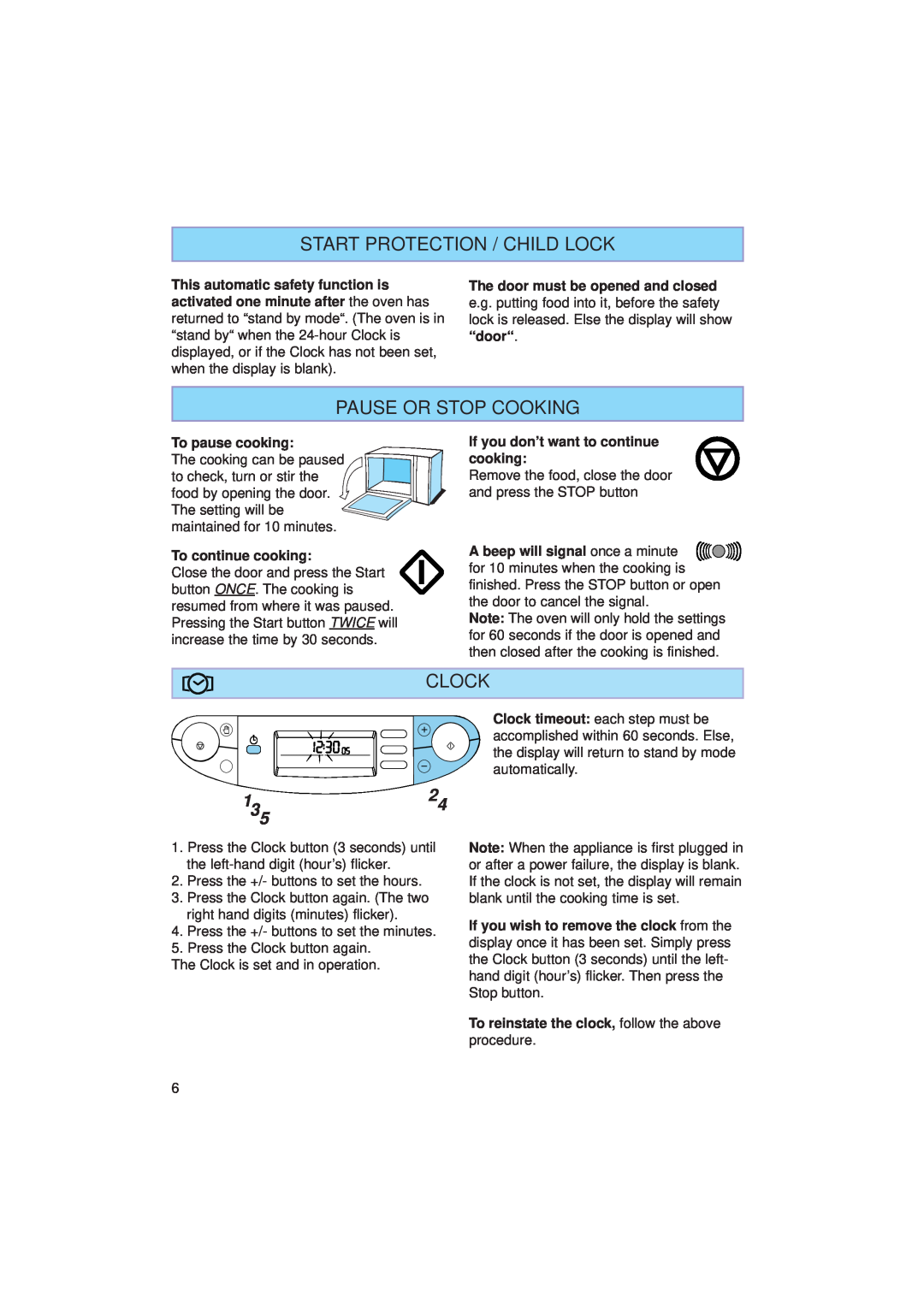 Whirlpool JT 359 manual Start Protection / Child Lock, Pause Or Stop Cooking, Clock, 13524 