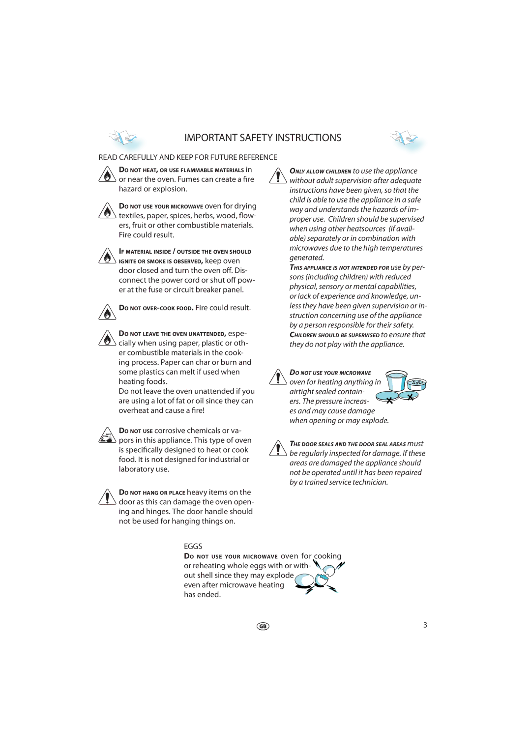 Whirlpool JT 366 manual Important Safety Instructions, Read Carefully and Keep for Future Reference, Eggs 