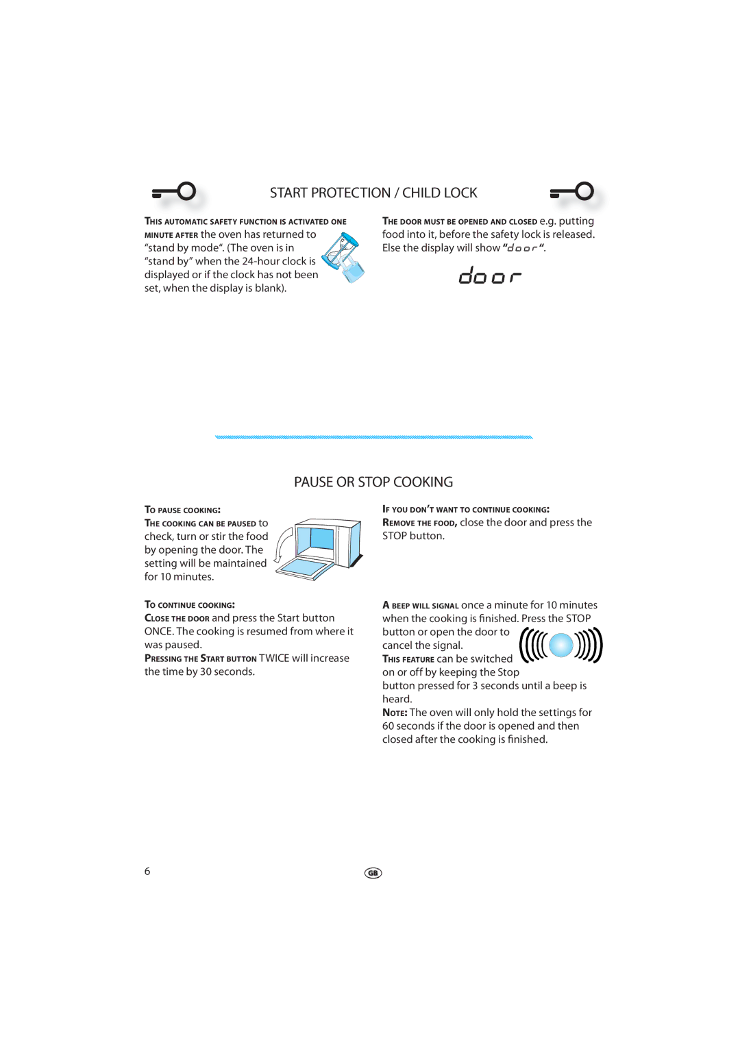 Whirlpool JT 366 manual Start Protection / Child Lock, Pause or Stop Cooking, Time by 30 seconds 