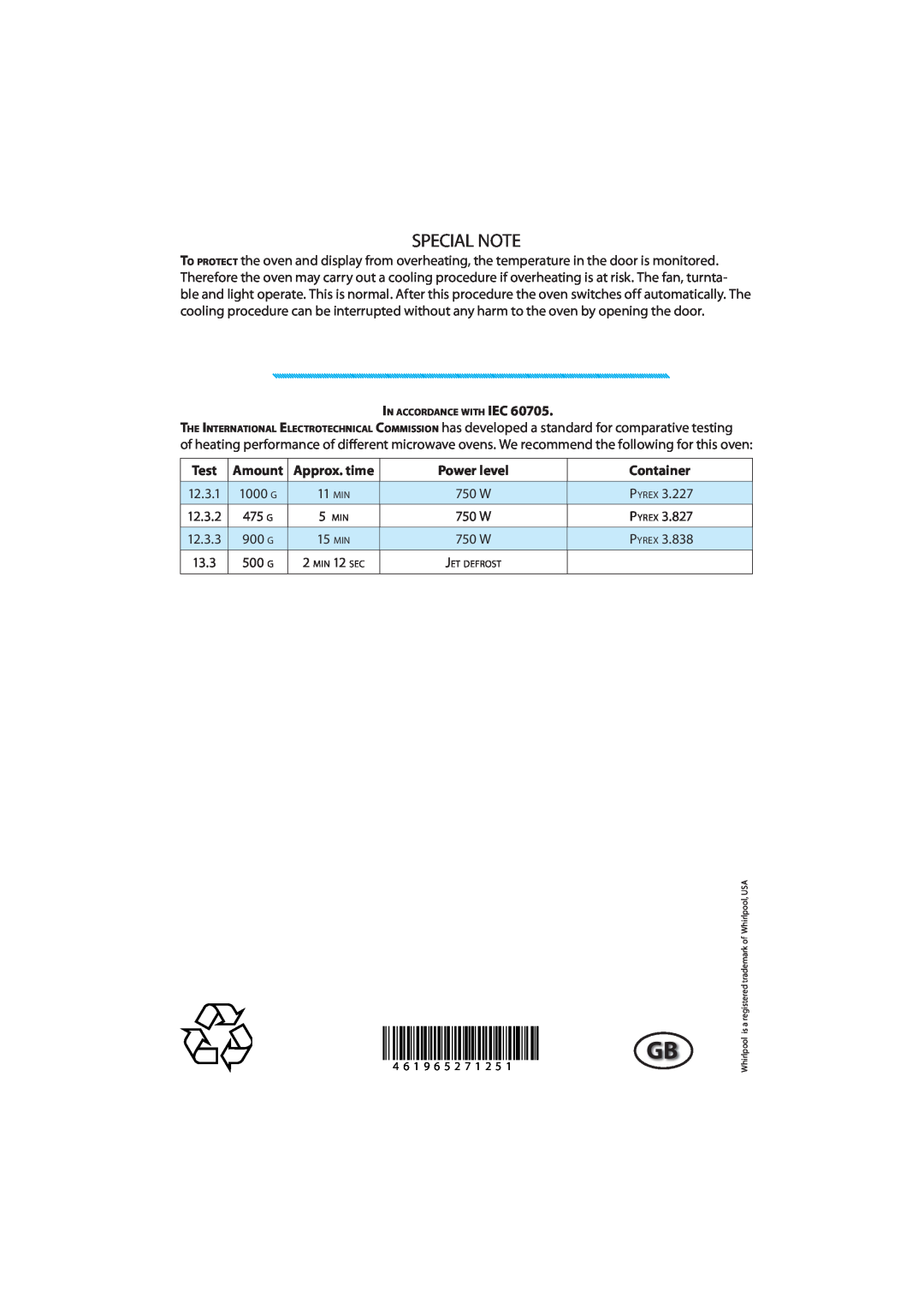 Whirlpool JT 366 manual Special Note 