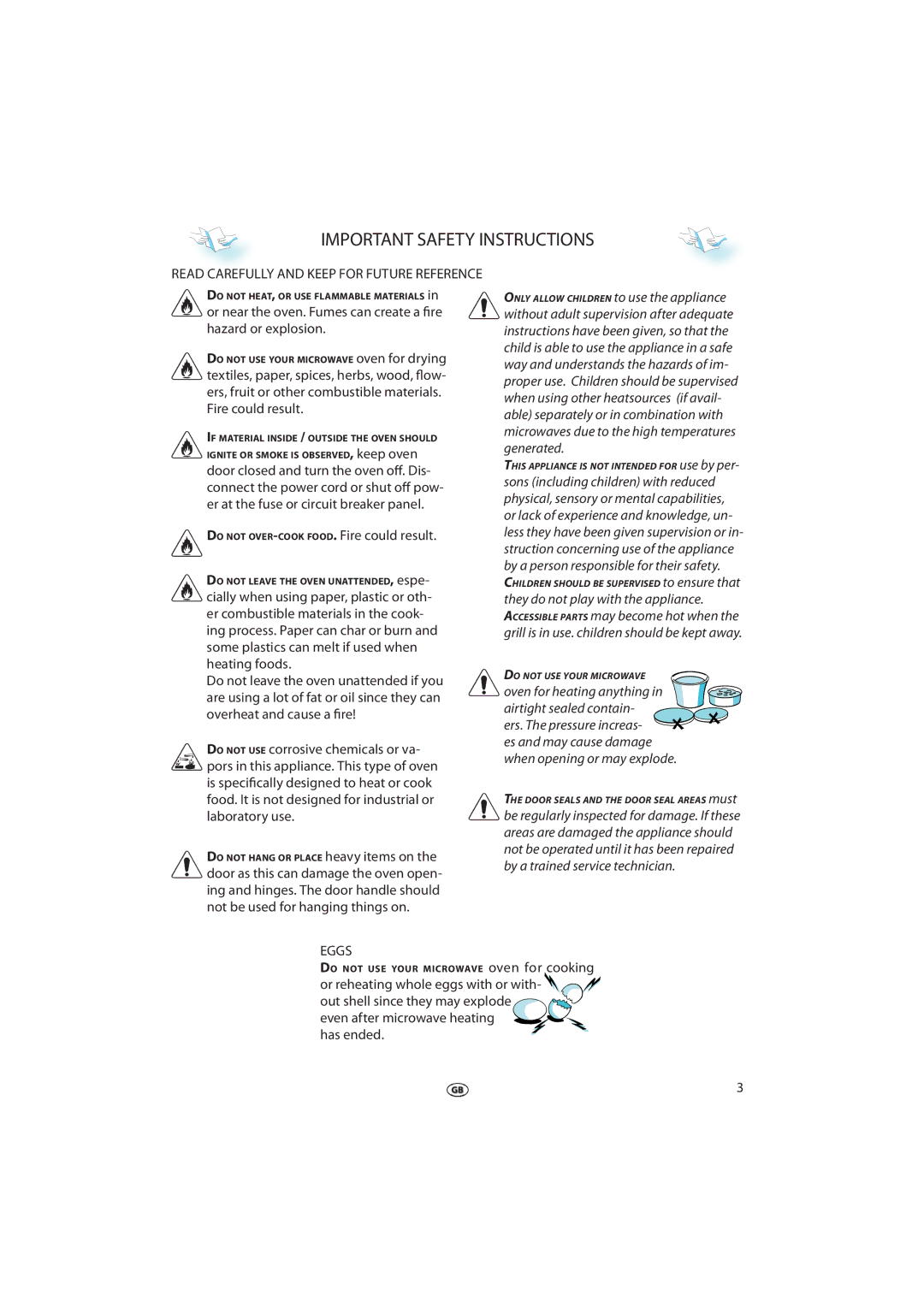 Whirlpool JT 369 manual Important Safety Instructions, Read Carefully and Keep for Future Reference, Eggs 