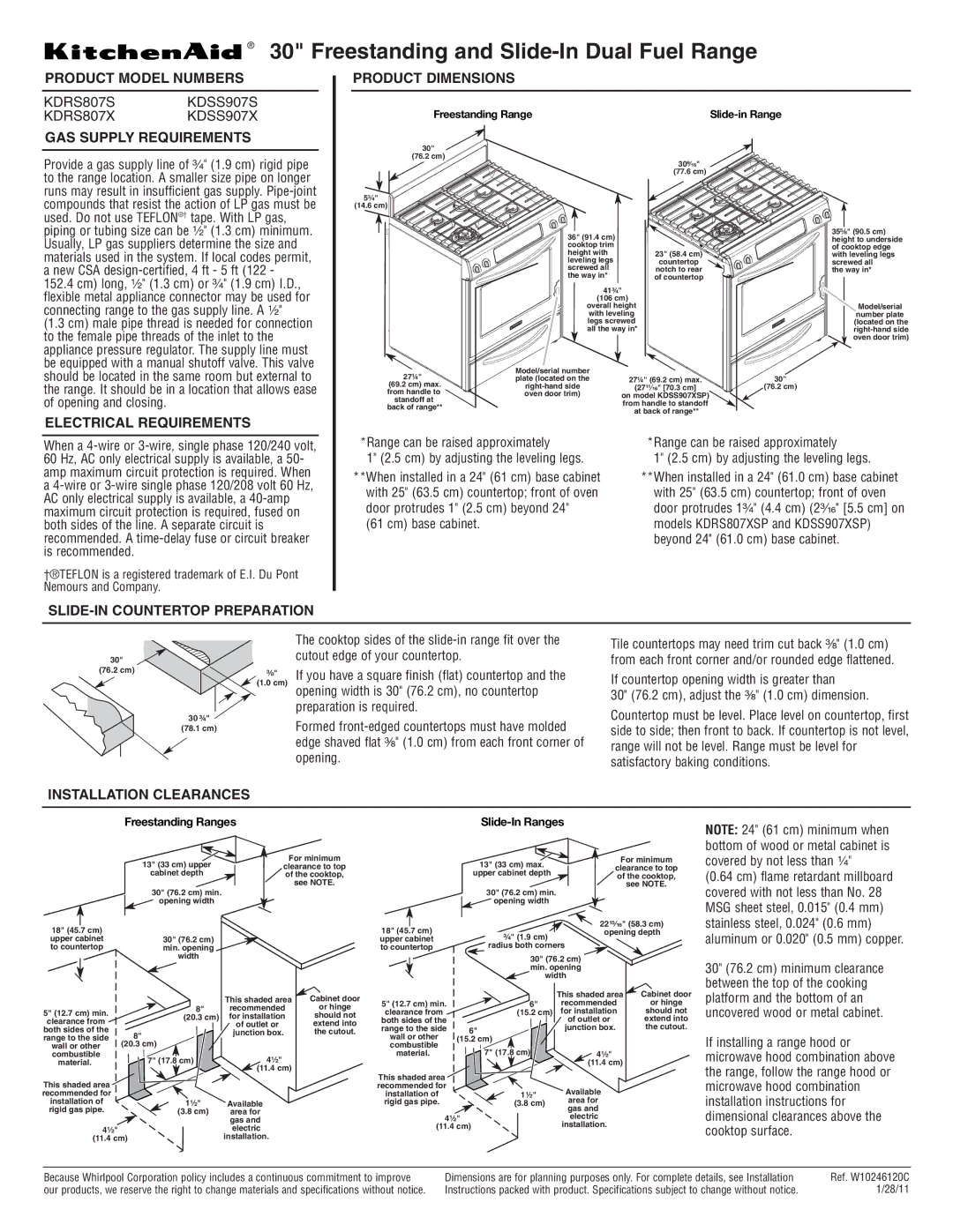 Whirlpool KDSS907X dimensions Product Model Numbers, GAS Supply Requirements Product Dimensions, Electrical Requirements 