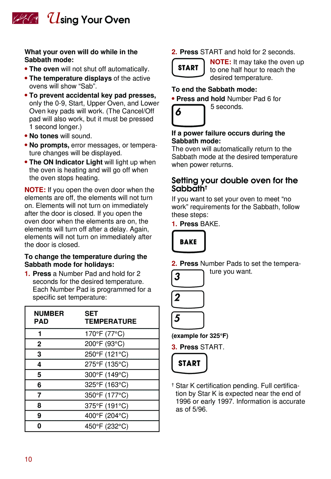 Whirlpool KEBS277D, KEBS247D, KEBS278D, KEBS208D Setting your double oven for the Sabbath†, Number SET PAD Temperature 