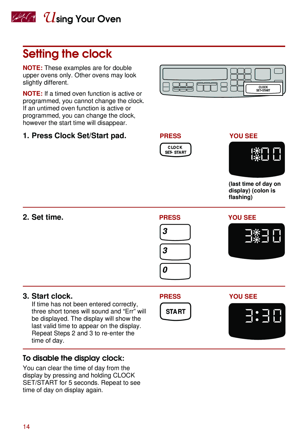 Whirlpool KEBS147D, KEBS247D, KEBS278D, KEBS277D, KEBS208D Setting the clock, Start clock, To disable the display clock 